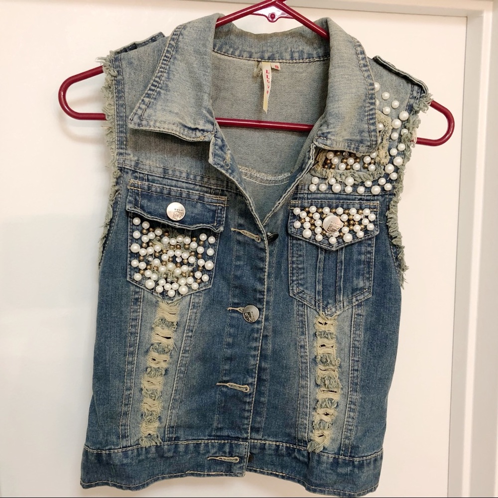 Embroidered Destructed Frayed Denim Vest Jacket